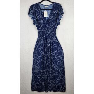 Cottagecore L XL Maxi Dress Short Sleeve Ruch Sheer Navy Blue White Floral VNeck